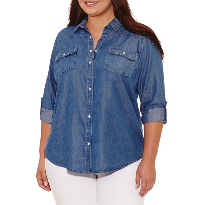 Boutique + Long Sleeve Button-front Shirt-plus