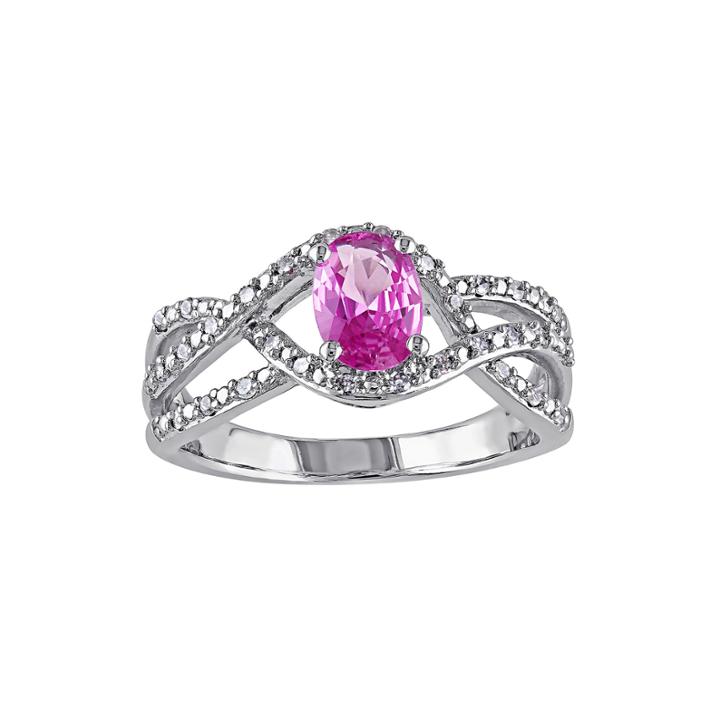 Oval Genuine Pink Sapphire And 1/6 Ct. T.w. Diamond Crossover Ring