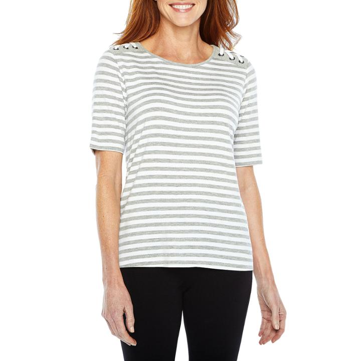 Sag Harbor Practice Gear Elbow Sleeve Crew Neck Stripe T-shirt-womens