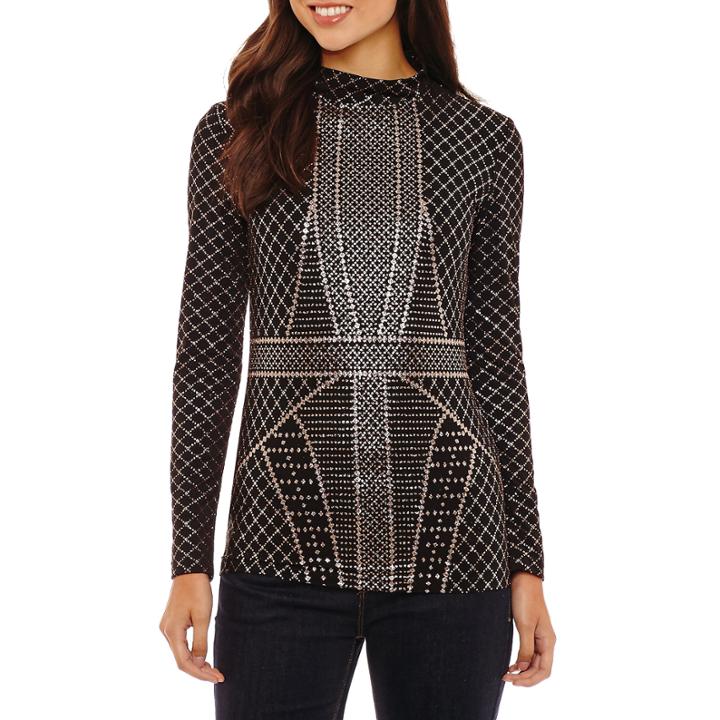Bold Elements Long Sleeve Mock Neck Glitter Top