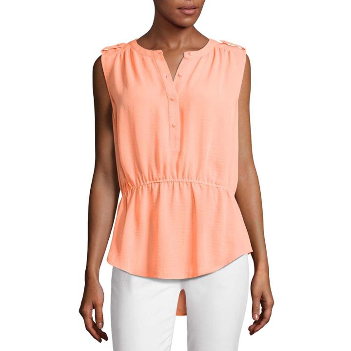 Liz Claiborne Sleeveless Y Neck Woven Leaf Blouse