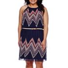 By & By Sleeveless Pleated Neck Belted Dress - Juniors Plus