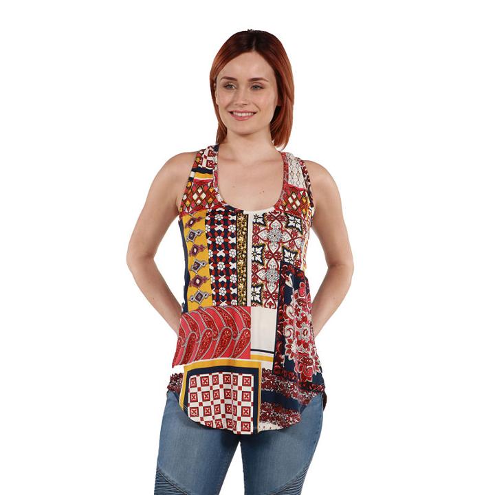 24seven Comfort Apparel Evie Red Patchwork Sleeveless Tunic Top - Plus