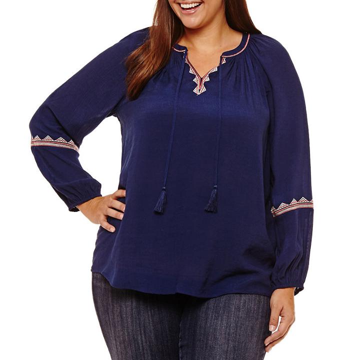 St. John's Bay Long Sleeve Tie Front Embroidered Peasant Blouse - Plus