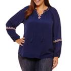 St. John's Bay Long Sleeve Tie Front Embroidered Peasant Blouse - Plus