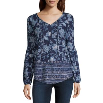 Liz And Co Long Sleeve Balloon Sleeve Floral Peasant Top