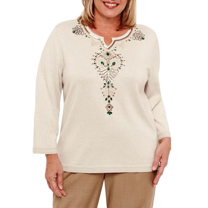 Alfred Dunner Emerald Isle 3/4 Sleeve Split Crew Neck Pullover Sweater-plus