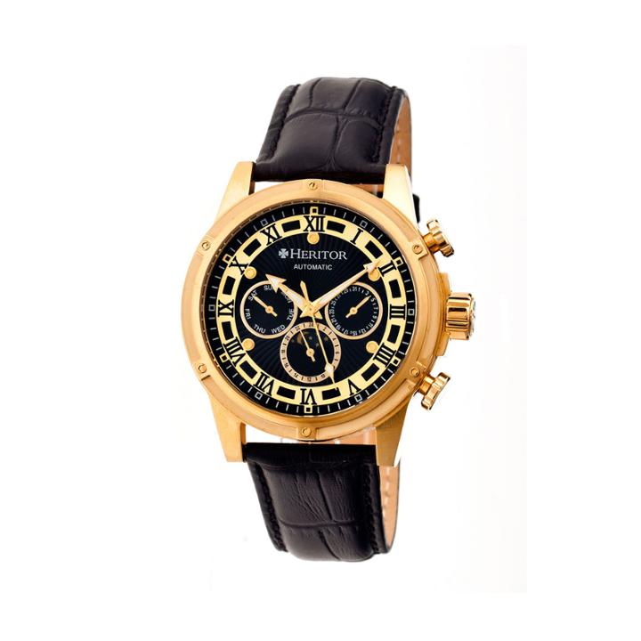 Heritor Automatic Kinser Mens Leather Day & Date-gold Tone/black Watch