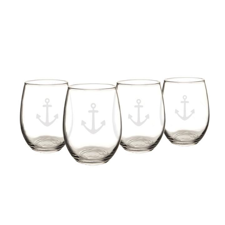 Cathy's Concepts Set Of 4 Stemless Anchor Wine Glasses