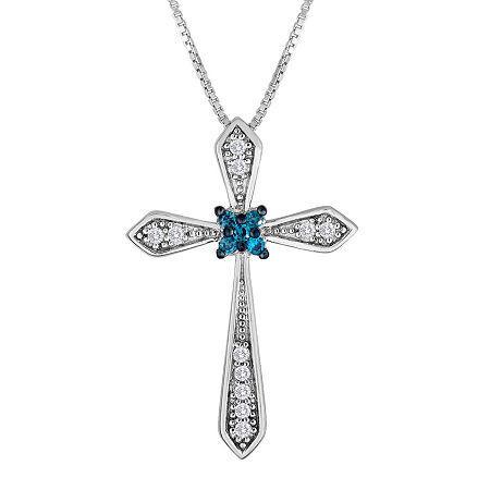 1/10 Ct. T.w. White And Color-enhanced Blue Diamond Cross Pendant Necklace