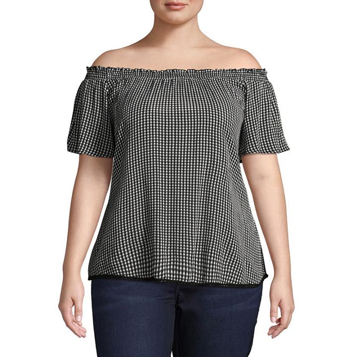 Self Esteem Off Shoulder Short Sleeve Gingham Peasant Top - Juniors Plus