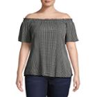 Self Esteem Off Shoulder Short Sleeve Gingham Peasant Top - Juniors Plus