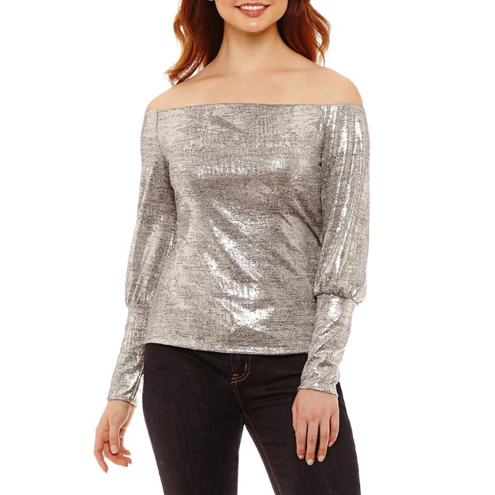 Bold Elements Off Shoulder Hacci Foil Top