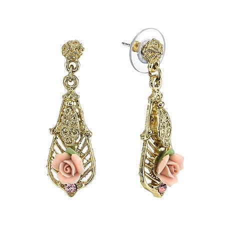 1928 Jewelry Pink Rose And Crystal Gold-tone Drop Earrings