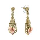 1928 Jewelry Pink Rose And Crystal Gold-tone Drop Earrings
