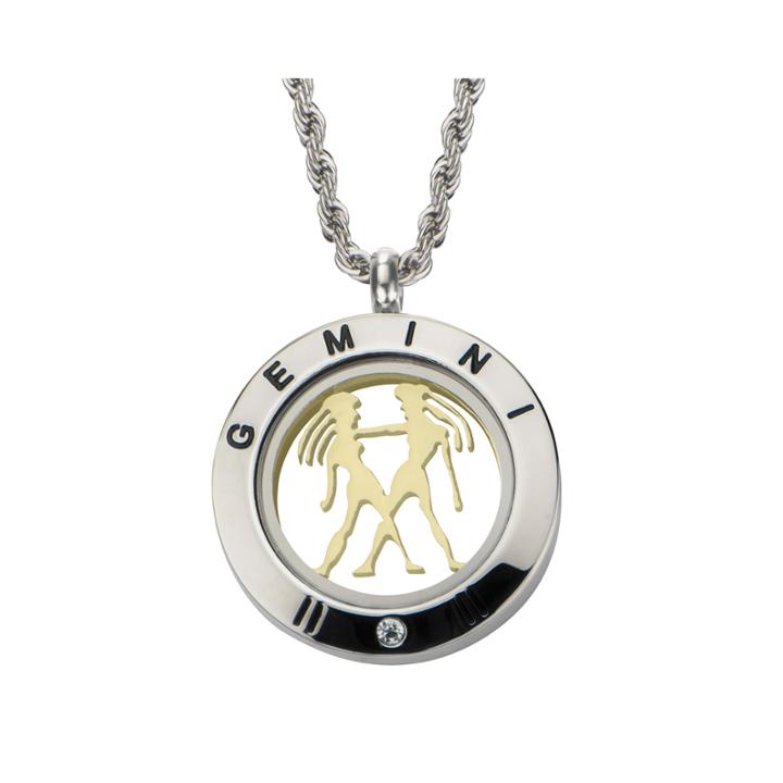 Gemini Zodiac Reversible Two-tone Stainless Steel Locket Pendant Necklace