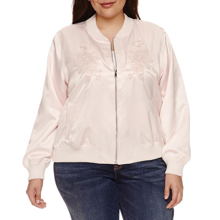 Boutique + Floral Embroidered Bomber Jacket-plus