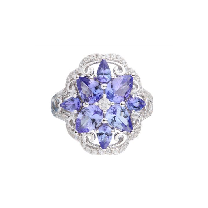 Womens Genuine Purple Tanzanite Sterling Silver Cluster Ring