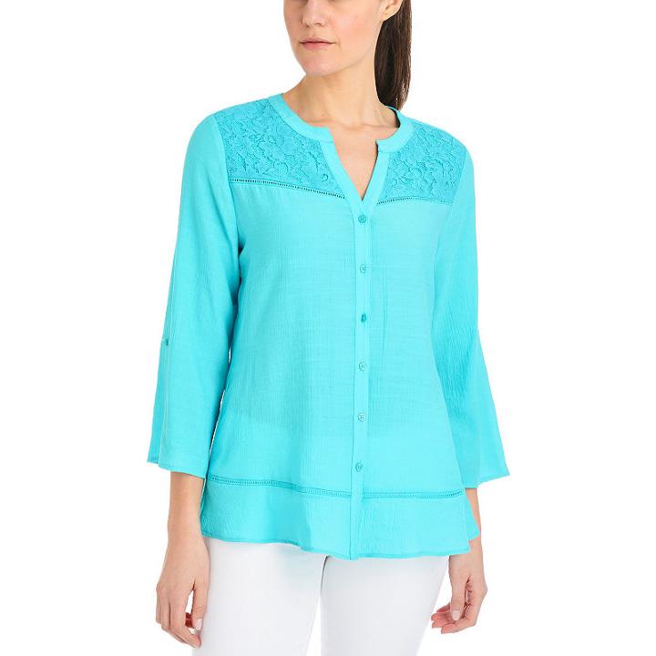 Ny Collection Lace Yoke Button Front Blouse - Petites