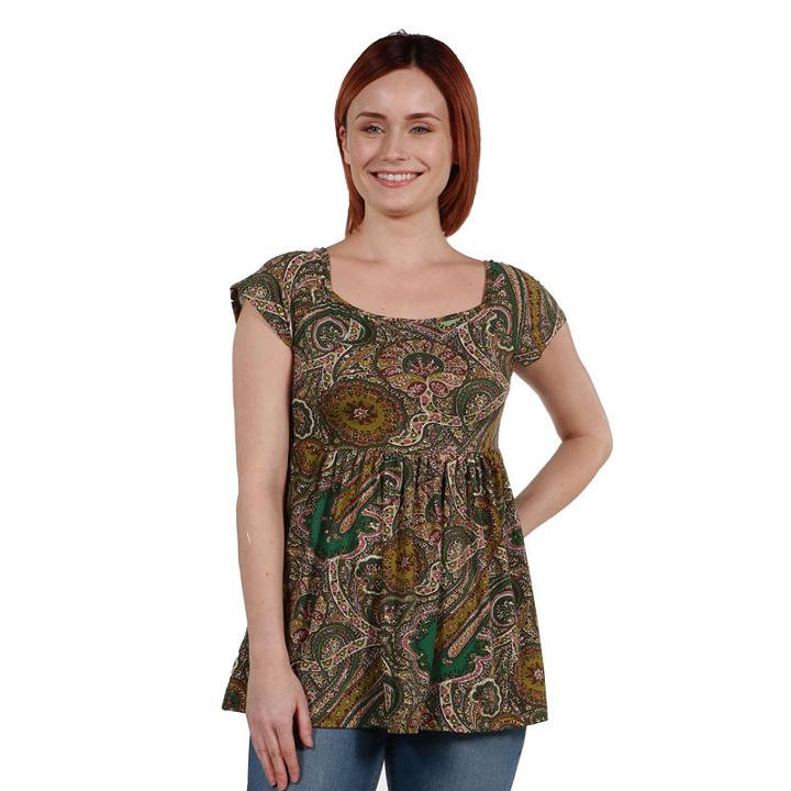 24seven Comfort Apparel Marlowe Green Paisley Short Sleeve Tunic Top