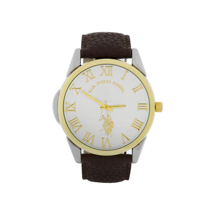 U.s. Polo Assn. Mens Gold-tone Bezel Brown Strap Watch