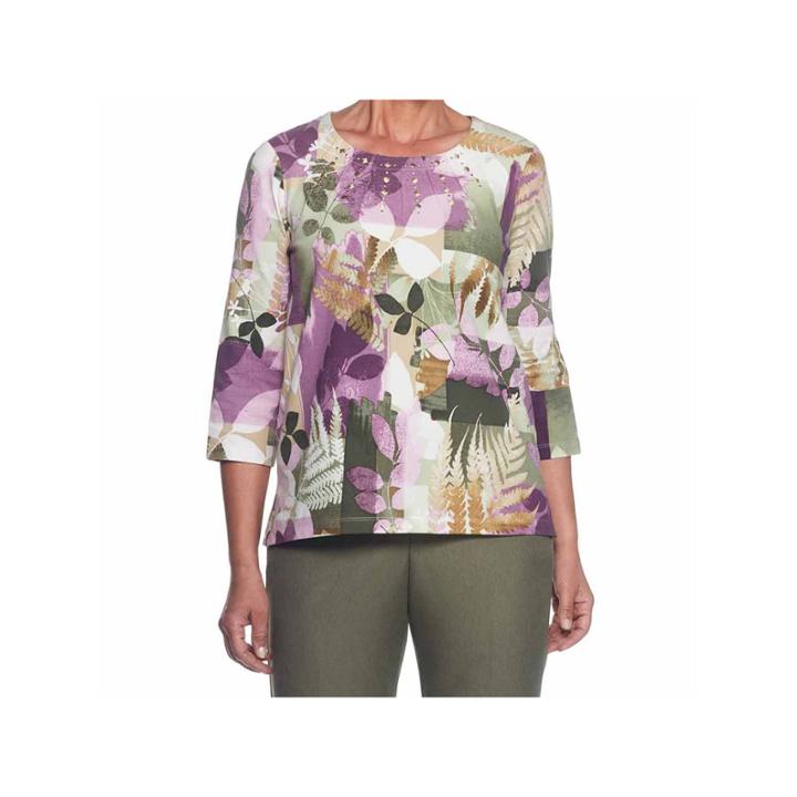 Alfred Dunner Palm Dessert 3/4 Sleeve Crew Neck T-shirt-womens