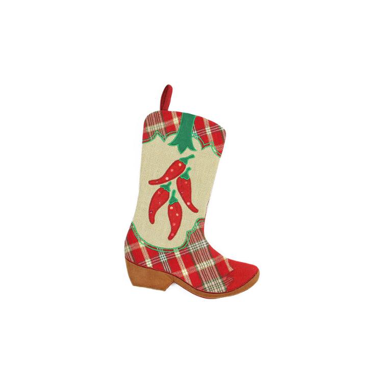 18.5 Wild West Embroidered Chili Peppers Red Plaid And Brown Burlap Cowboy Boot Christmas Stocking
