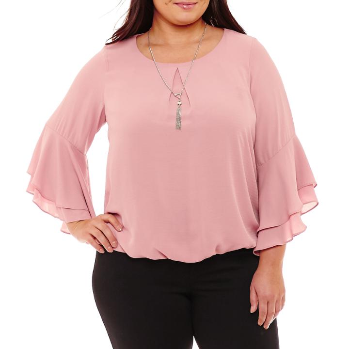 Byer California 3/4 Sleeve Round Neck Woven Blouse-plus
