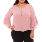 Byer California 3/4 Sleeve Round Neck Woven Blouse-plus