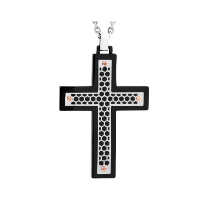 Mens Two-tone Stainless Steel Cutout Cross Pendant Necklace
