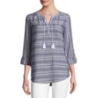 Liz Claiborne 3/4 Sleeve Split Crew Neck Roll Tab Embroidered Blouse