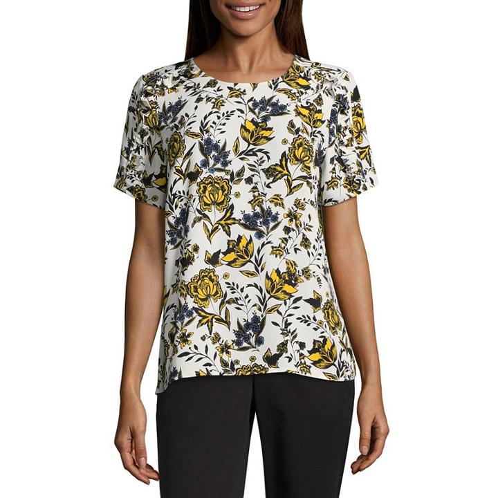 Liz Claiborne Short Sleeve Round Neck Woven Ruffled Blouse