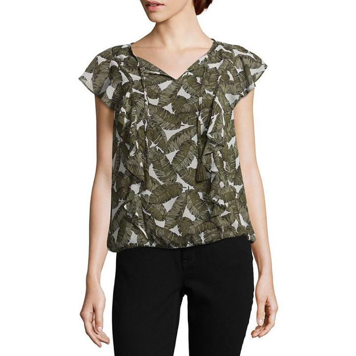 Liz Claiborne Sleeveless Split Crew Neck Woven Ruffled Blouse