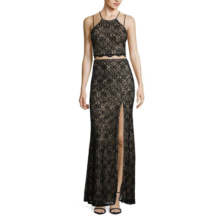 My Michelle Sequin Lace Two-tone Cutout Long Slim Dress - Juniors