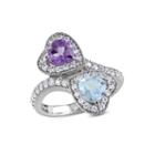 Genuine Amethyst And Sky Blue Topaz Double Heart Ring