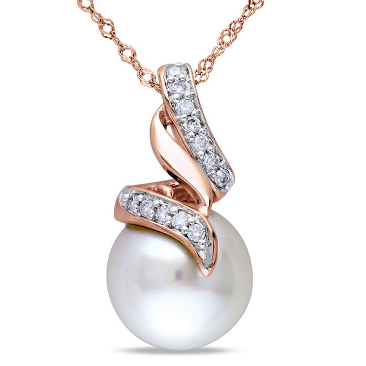 White Cultured Freshwater Pearl & Diamond 10k Rose Gold Pendant Necklace