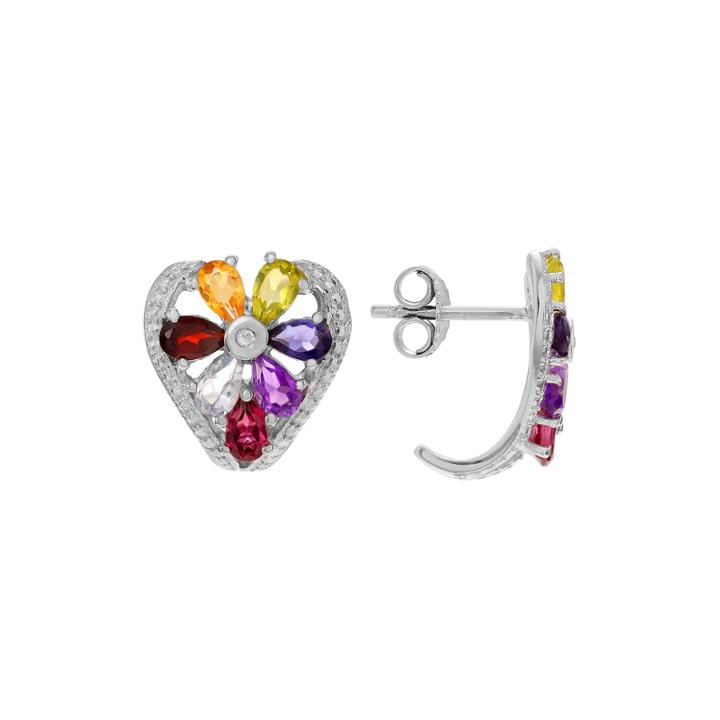 Genuine Multi-gemstone Heart Sterling Silver Stud Earrings