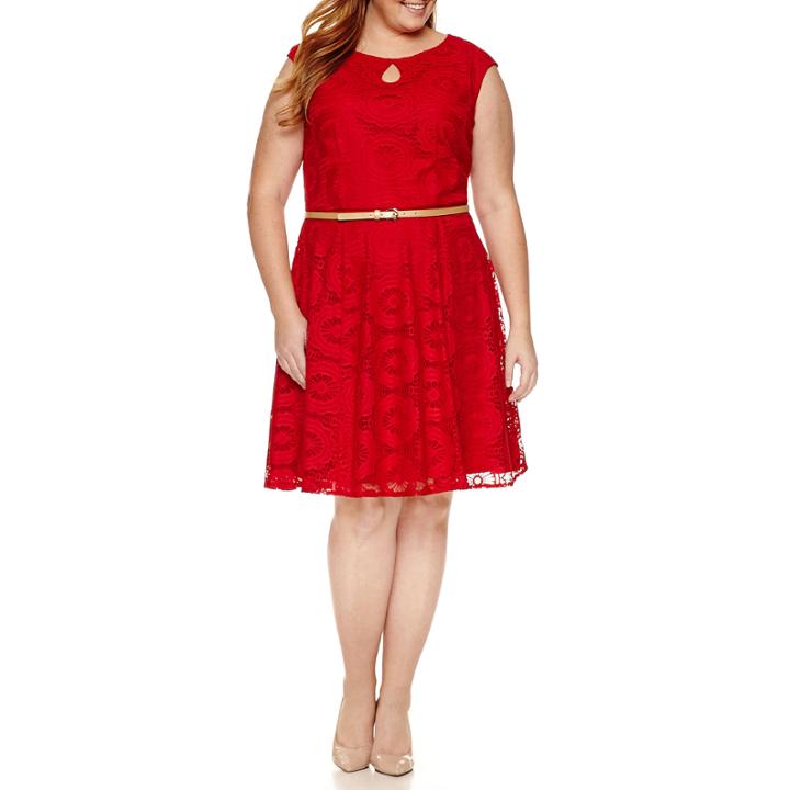 London Times Cap Sleeve Lace Belted Fit & Flare Dress-plus