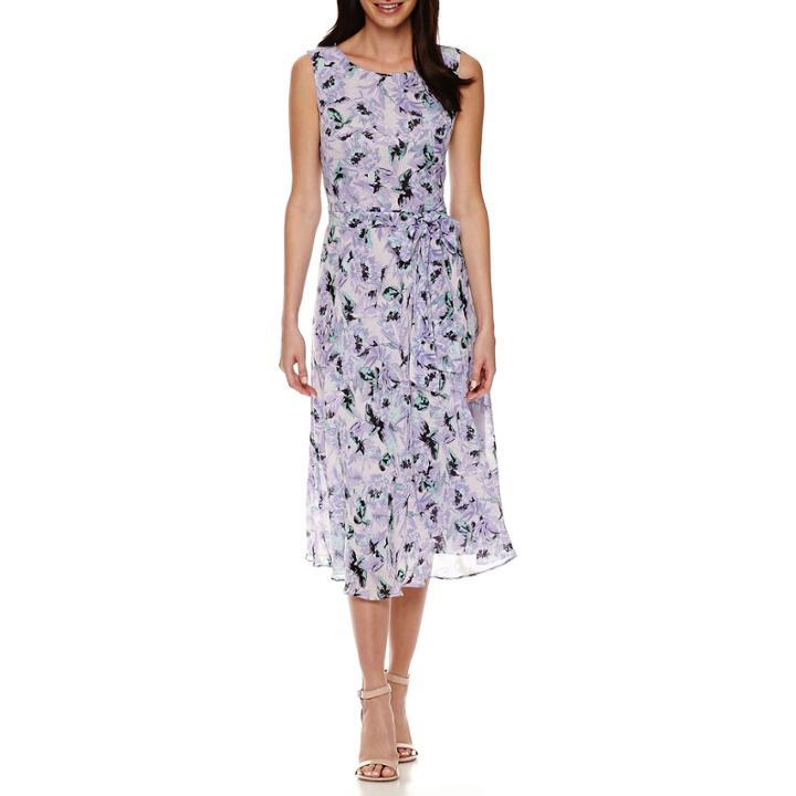 Black Label By Evan-picone Sleeveless Floral Belted Midi A-line Dress