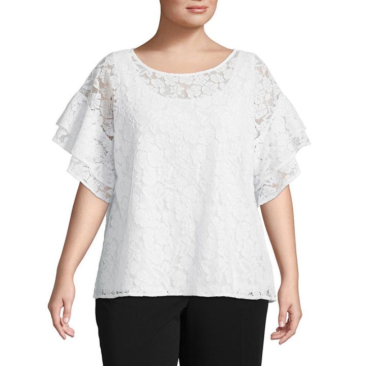 Lark Lane Island Hopping Floral Lace Flounce Sleeve Blouse- Plus