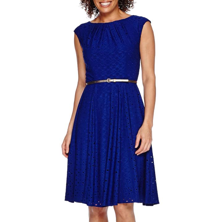 London Style Collection Short-sleeve Belted Lace Fit-and-flare Dress