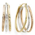 Diamond-cut Tri-color 14k Gold Triple-fan Hoop Earrings