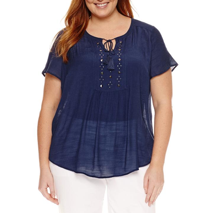 Liz Claiborne Short Sleeve Flutter Sleeve Peasant Top-plus