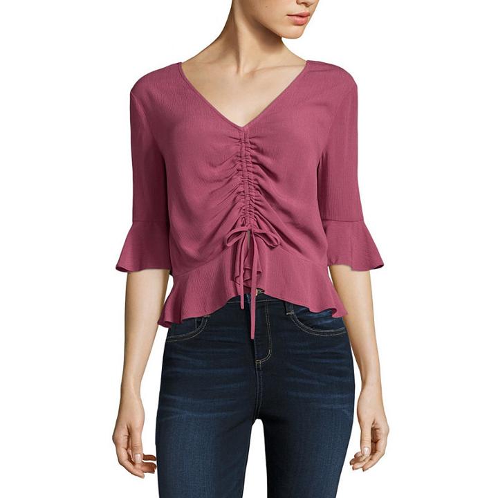 Arizona 3/4 Sleeve V Neck Woven Blouse-juniors