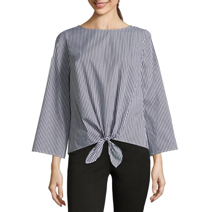 Liz Claiborne 3/4 Sleeve Scoop Neck Tie Front Stripe Blouse