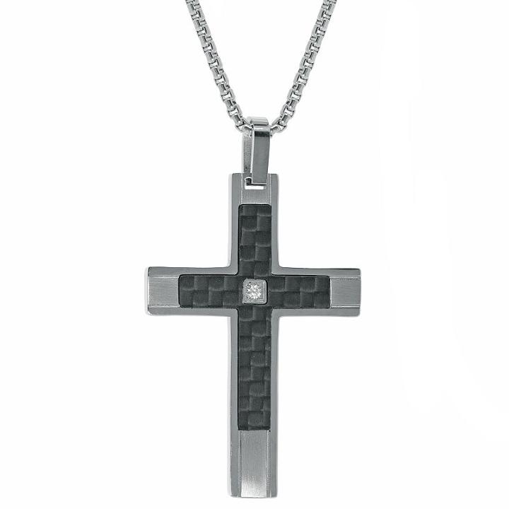 Mens White Cubic Zirconia Sterling Silver Cross Pendant Necklace