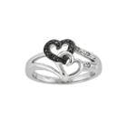 White And Color-enhanced Black Diamond-accent Double-heart Ring