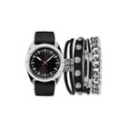 Mens Black And Silver Tone Strap Watch And Bracelet Set Mst5218s100-362