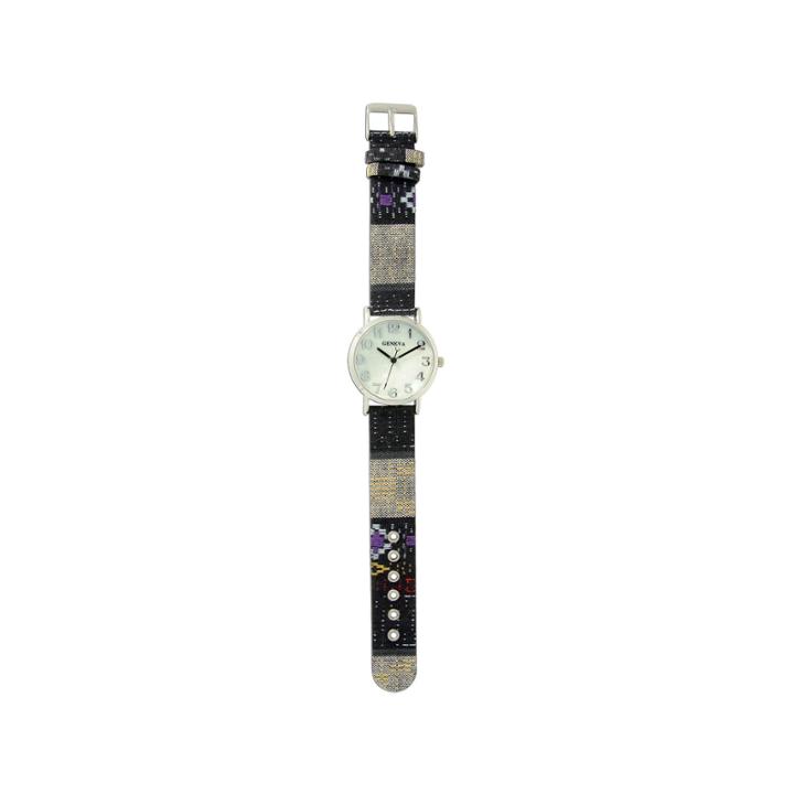 Olivia Pratt Womens Silver-tone Faux Mop Dial Black-grey Patterned Fabric Strap Watch 10352tr