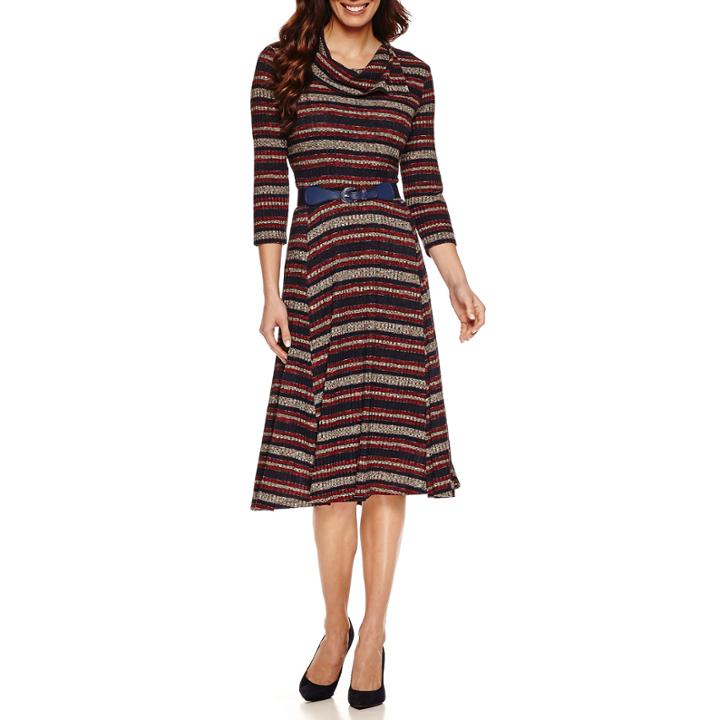 Robbie Bee 3/4 Sleeve Stripe Fit & Flare Dress